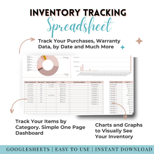 Google Sheets Home Inventory TemplateTracker Editable Printable kitchen Inventory Management Home Inventory Business Inventory