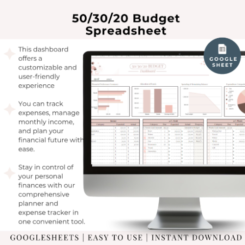 50-30-20 Budget Template 50 30 20 spreadsheet 50 30 20 Budget Google Sheets 50/30/20 monthly budget dashboard 50 30 20 Budget Excel Template