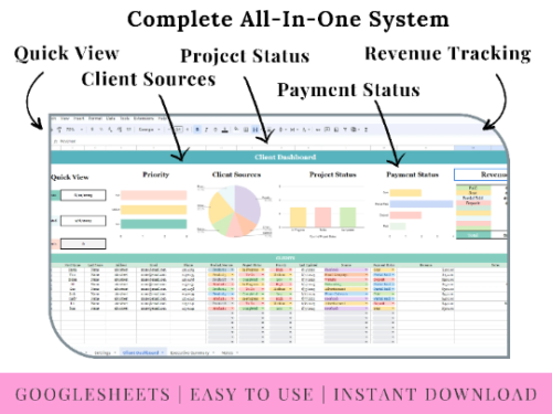 Google Sheets Project Management Dashboard Client & Task Tracker Business Planner Spreadsheet Database Template Communication Log Leads