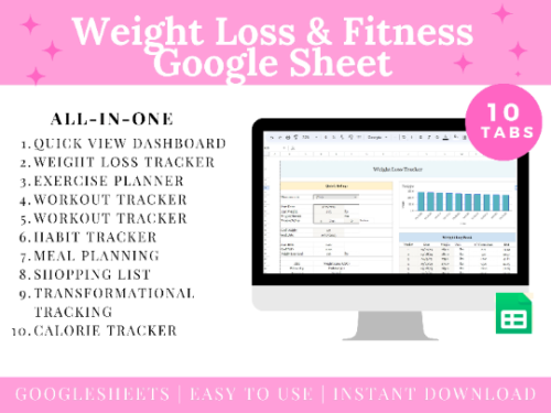 Weight Loss Spreadsheets Google Sheets and Fitness Tracker Diet Meal Planning Shopping List Exercise Workout Habit Grocery List Simple Easy