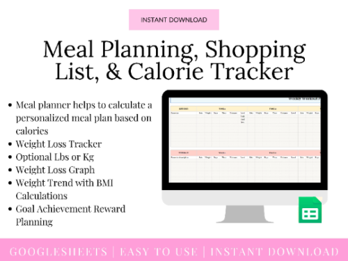 Weight Loss Spreadsheets Google Sheets and Fitness Tracker Diet Meal Planning Shopping List Exercise Workout Habit Grocery List Simple Easy