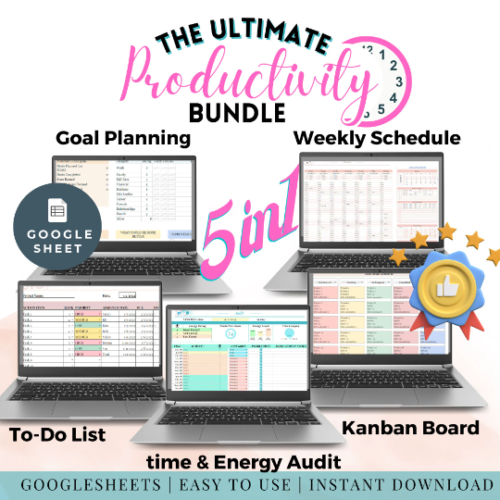 The "Ultimate Productivity Bundle" - your all-in-one solution to supercharge your efficiency and achieve your goals! 🚀📊 🎯 Goal Planning: Crush your aspirations with precision! This section helps you map out your dreams, break them into actionable steps, and track your progress. 🌟