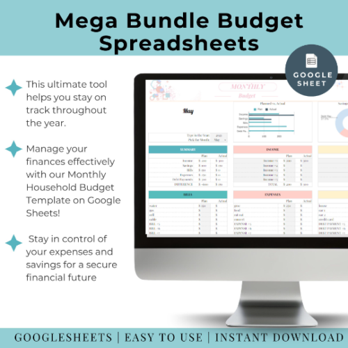 Mega Budget Spreadsheet in Google Sheets Bundle is the All-In-One Solution for a Simple Household Budget Template Budget Plans Great for Single Moms, Families and couples