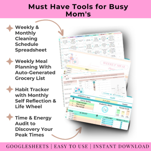 Busy Mom Combo Habit Tracker Cleaning Schedule Meal Prep Planner Time Energy Save Time Stay Organized Work Life Balance Planner Google Sheet